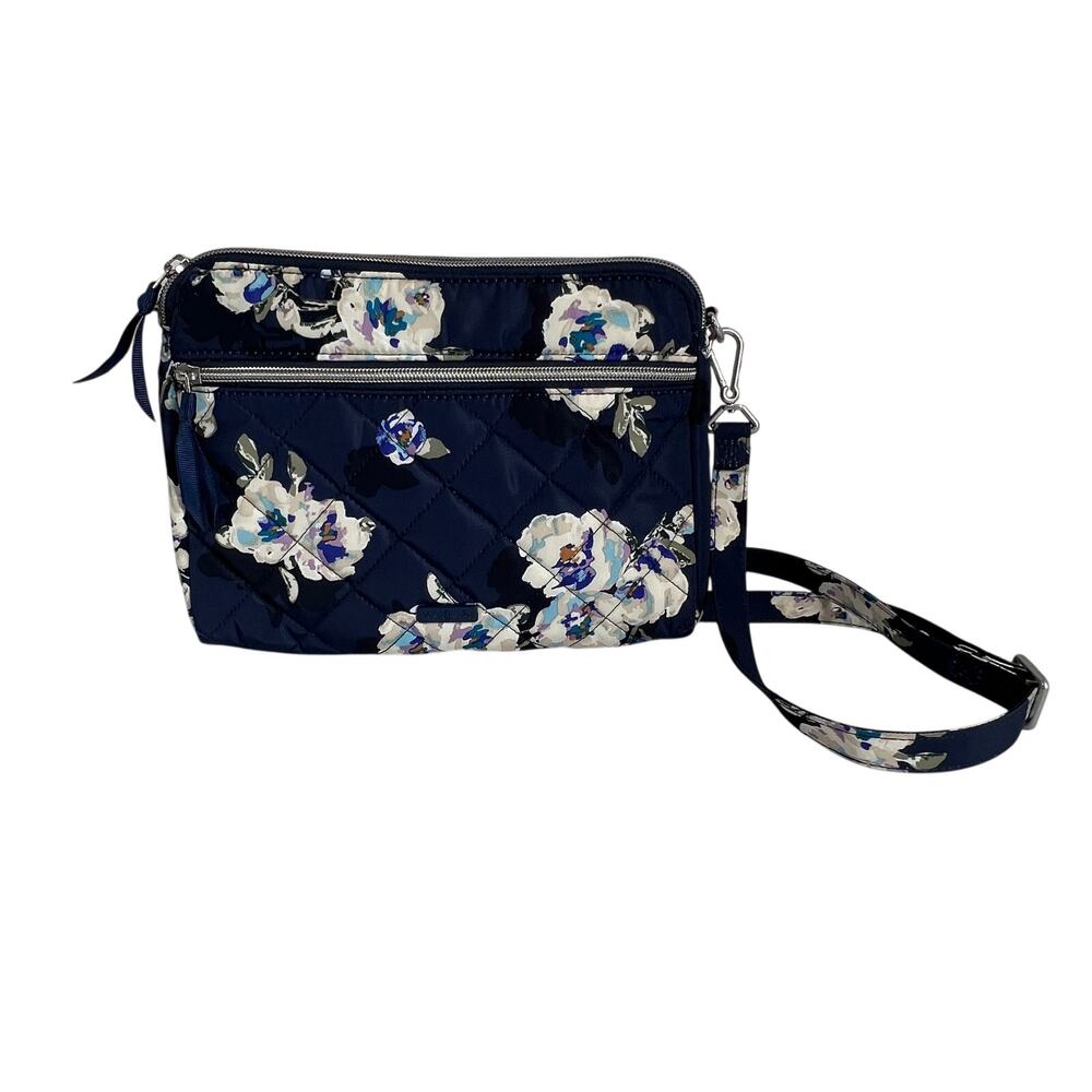 VERA BRADLEY Floral Nightingale Navy Quilted Crossbody Purse Double Zip Retired